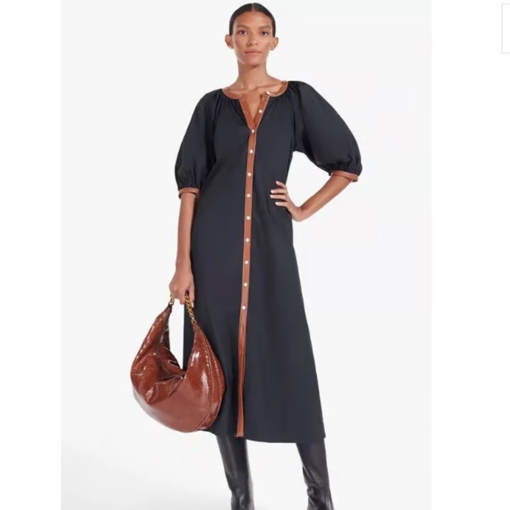 STAUD Black and Tan Puff Sleeve Midi Dress